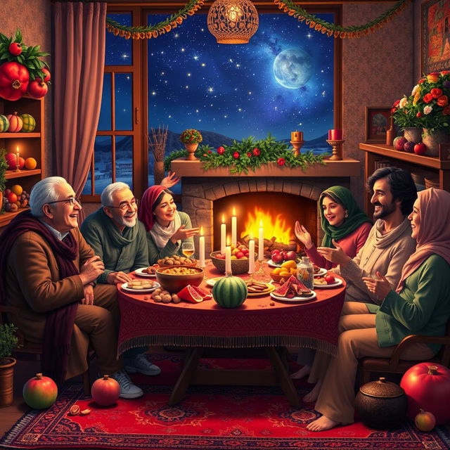 A vibrant scene depicting a traditional Iranian Shab-e Yalda (Yalda Night) celebration