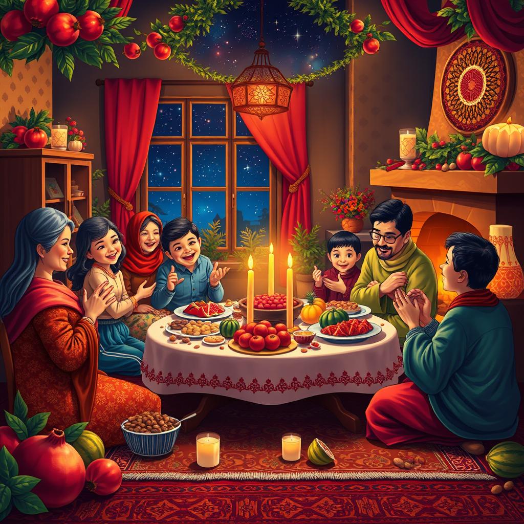 A vibrant scene depicting a traditional Iranian Shab-e Yalda (Yalda Night) celebration