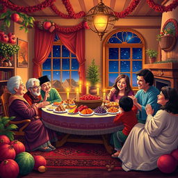 A vibrant scene depicting a traditional Iranian Shab-e Yalda (Yalda Night) celebration