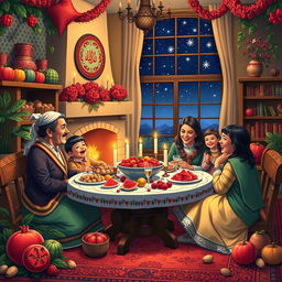 A vibrant scene depicting a traditional Iranian Shab-e Yalda (Yalda Night) celebration
