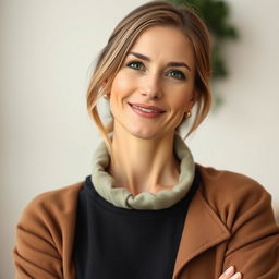 A 35-year-old woman with fair skin and minimal makeup, depicted in a waist-up view