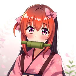 An artistic representation of Nezuko Kamado from Demon Slayer, featuring her hair with a vibrant gradient of orange at the tips, showcasing a beautiful blend with her signature dark hair
