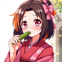 An artistic representation of Nezuko Kamado from Demon Slayer, featuring her hair with a vibrant gradient of orange at the tips, showcasing a beautiful blend with her signature dark hair