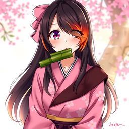 An artistic representation of Nezuko Kamado from Demon Slayer, featuring her hair with a vibrant gradient of orange at the tips, showcasing a beautiful blend with her signature dark hair