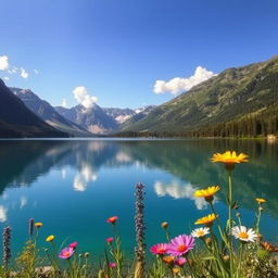 A beautiful landscape featuring a serene lake surrounded by majestic mountains under a clear blue sky