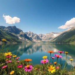 A beautiful landscape featuring a serene lake surrounded by majestic mountains under a clear blue sky