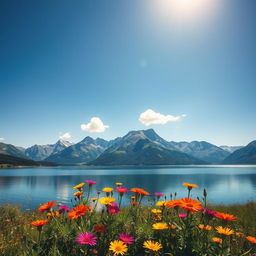 A beautiful landscape featuring a serene lake surrounded by majestic mountains under a clear blue sky