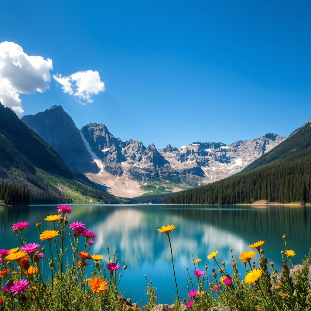 A beautiful landscape featuring a serene lake surrounded by majestic mountains under a clear blue sky