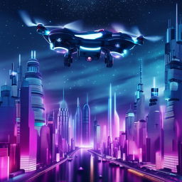 A futuristic cityscape with skyscrapers glowing in neon lights, flying drones, and advanced vehicles navigating between them against the backdrop of a starry night sky.