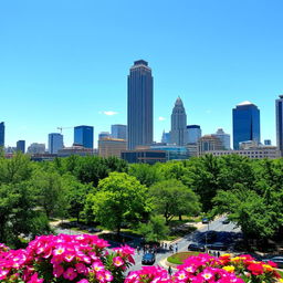 A vibrant cityscape of Atlanta, Georgia, showcasing the iconic skyline with the Bank of America Plaza and the Georgia Institute of Technology