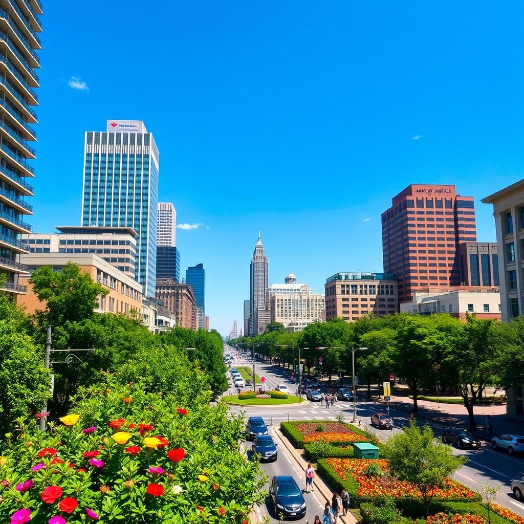 A vibrant cityscape of Atlanta, Georgia, showcasing the iconic skyline with the Bank of America Plaza and the Georgia Institute of Technology