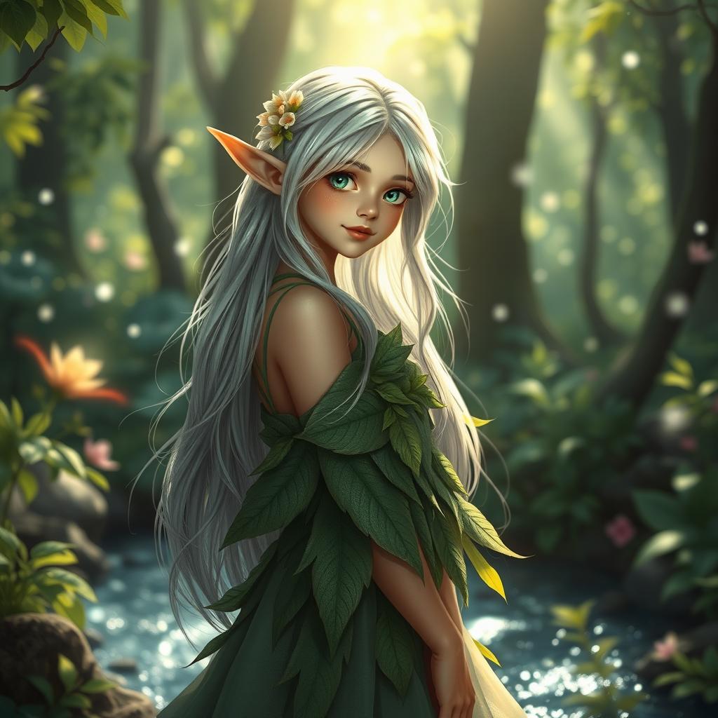 A captivating scene featuring a beautiful elf girl in a vibrant forest