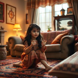 A realistic portrayal of an Iranian girl at home, engaged in a playful and innocent activity