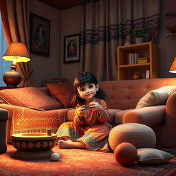 A realistic portrayal of an Iranian girl at home, engaged in a playful and innocent activity