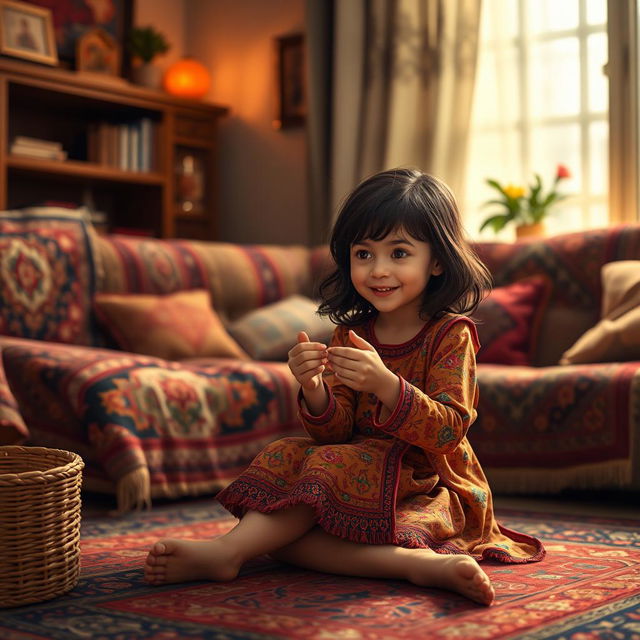 A realistic portrayal of an Iranian girl at home, engaged in a playful and innocent activity