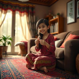 A realistic portrayal of an Iranian girl at home, engaged in a playful and innocent activity