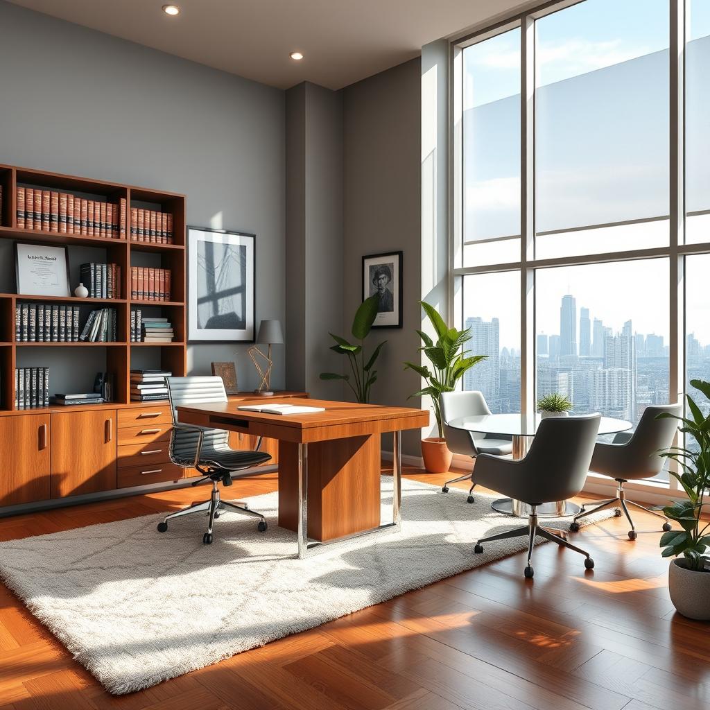 A beautifully designed office for a lawyer, featuring a modern and elegant aesthetic