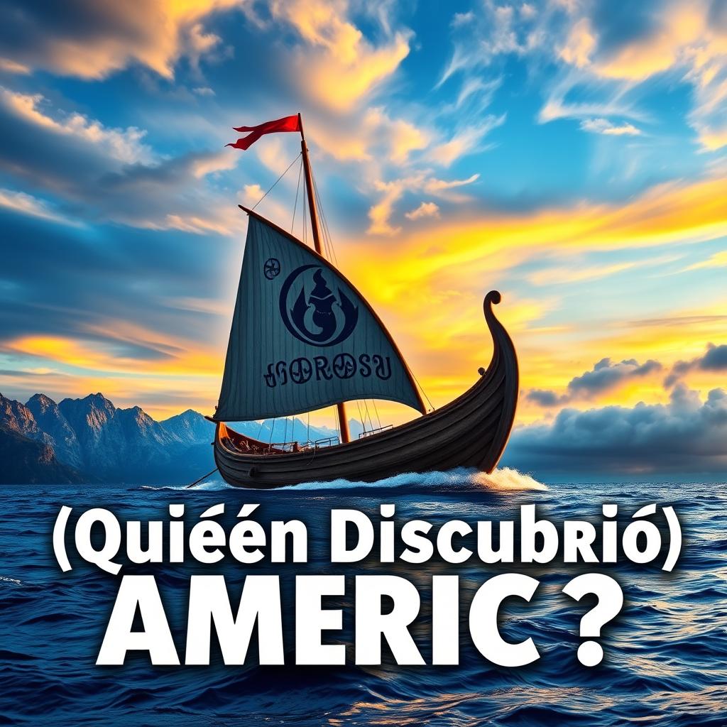 A vibrant and colorful thumbnail for a video about Vikings, featuring a traditional Viking longship sailing across the ocean