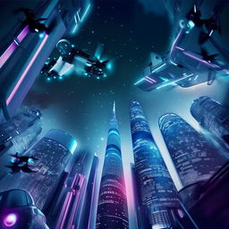 A futuristic cityscape with skyscrapers glowing in neon lights, flying drones, and advanced vehicles navigating between them against the backdrop of a starry night sky.