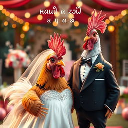 A whimsical wedding scene featuring a rooster dressed in a dapper tuxedo alongside a hen wearing a beautiful wedding dress