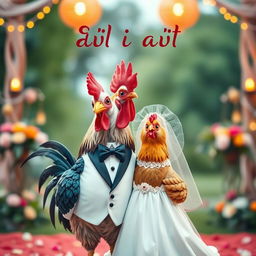 A whimsical wedding scene featuring a rooster dressed in a dapper tuxedo alongside a hen wearing a beautiful wedding dress