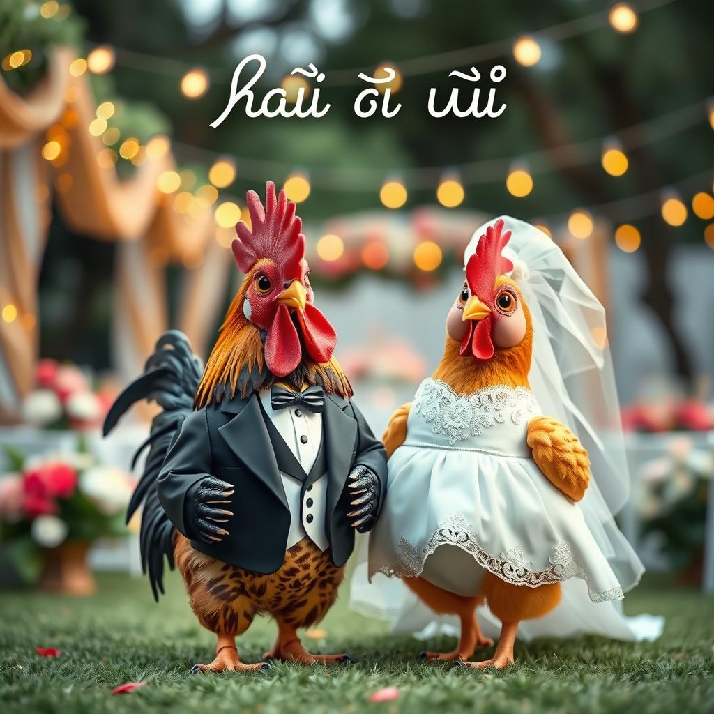 A whimsical wedding scene featuring a rooster dressed in a dapper tuxedo alongside a hen wearing a beautiful wedding dress