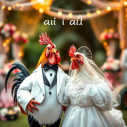 A whimsical wedding scene featuring a rooster dressed in a dapper tuxedo alongside a hen wearing a beautiful wedding dress