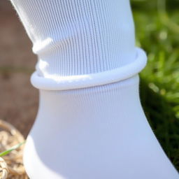 A close-up view of a bottom of a leg covered with a white sock, showcasing the fabric texture and the smooth skin beneath