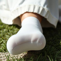 A close-up view of a bottom of a leg covered with a white sock, showcasing the fabric texture and the smooth skin beneath