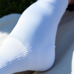 A close-up view of a bottom of a leg covered with a white sock, showcasing the fabric texture and the smooth skin beneath