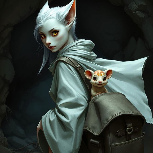 A snow white female tabaxi monk, characterized by her feline features and elegant agility, is seen in a dark, atmospheric dungeon cave