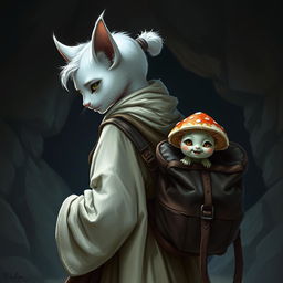 A snow white female tabaxi monk, characterized by her feline features and elegant agility, is seen in a dark, atmospheric dungeon cave