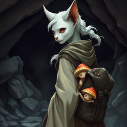A snow white female tabaxi monk, characterized by her feline features and elegant agility, is seen in a dark, atmospheric dungeon cave