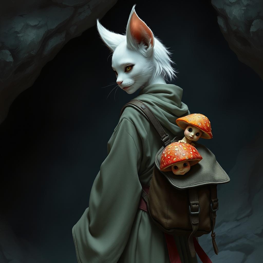 A snow white female tabaxi monk, characterized by her feline features and elegant agility, is seen in a dark, atmospheric dungeon cave