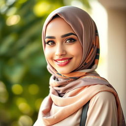 A stunning portrait of a beautiful hijabi woman, wearing an elegant and colorful hijab that complements her features