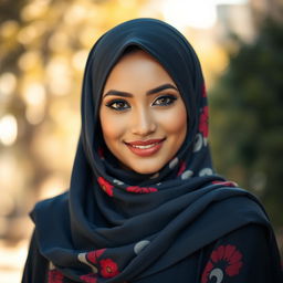 A stunning portrait of a beautiful hijabi woman, wearing an elegant and colorful hijab that complements her features