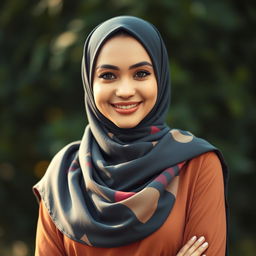 A stunning portrait of a beautiful hijabi woman, wearing an elegant and colorful hijab that complements her features