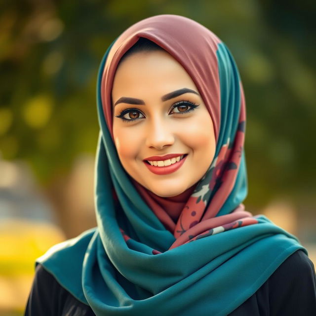 A stunning portrait of a beautiful hijabi woman, wearing an elegant and colorful hijab that complements her features