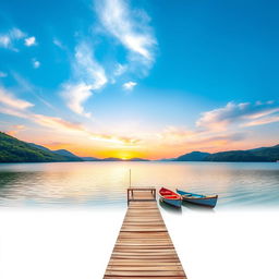 An image of a beautiful landscape with a serene lake, surrounded by lush green hills under a bright blue sky
