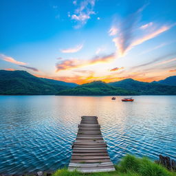 An image of a beautiful landscape with a serene lake, surrounded by lush green hills under a bright blue sky