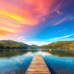 An image of a beautiful landscape with a serene lake, surrounded by lush green hills under a bright blue sky