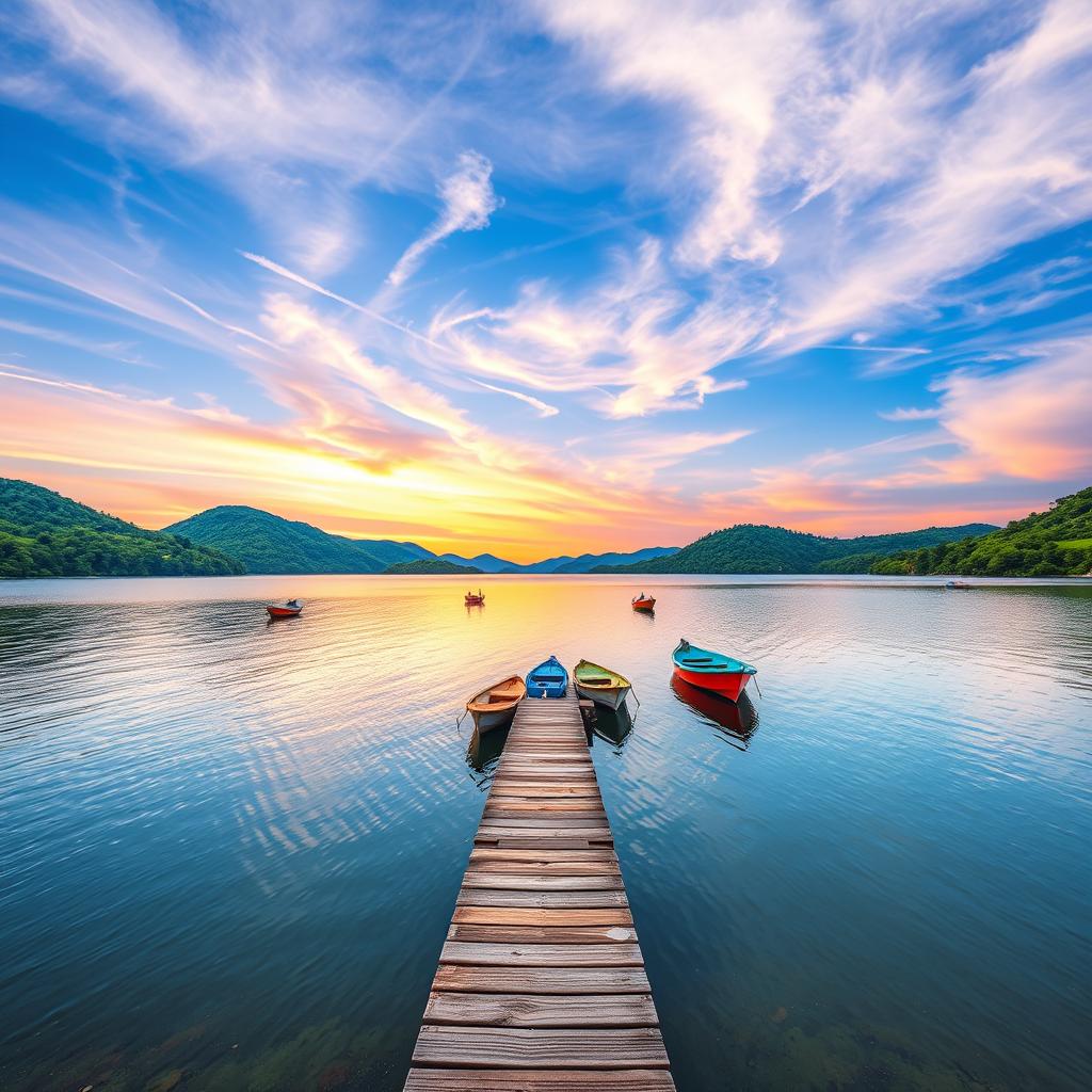 An image of a beautiful landscape with a serene lake, surrounded by lush green hills under a bright blue sky