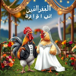 A charming wedding scene featuring a rooster in a stylish tuxedo and a hen in a lovely wedding dress, set in a picturesque outdoor venue