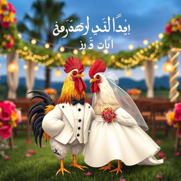 A charming wedding scene featuring a rooster in a stylish tuxedo and a hen in a lovely wedding dress, set in a picturesque outdoor venue