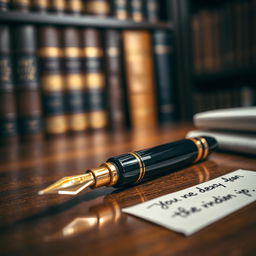 An elegantly designed luxury fountain pen resting on a polished wooden desk, glistening under soft ambient light