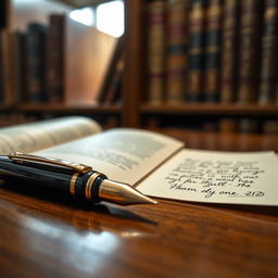 An elegantly designed luxury fountain pen resting on a polished wooden desk, glistening under soft ambient light
