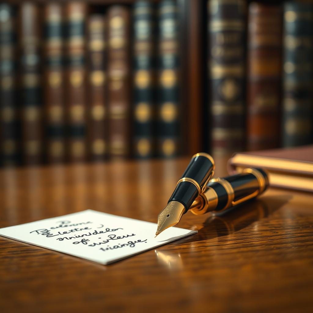 An elegantly designed luxury fountain pen resting on a polished wooden desk, glistening under soft ambient light