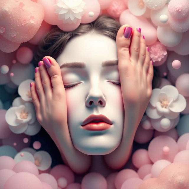 A surreal and artistic image featuring a pair of beautifully manicured feet gently resting on a serene face