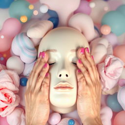A surreal and artistic image featuring a pair of beautifully manicured feet gently resting on a serene face