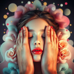 A surreal and artistic image featuring a pair of beautifully manicured feet gently resting on a serene face